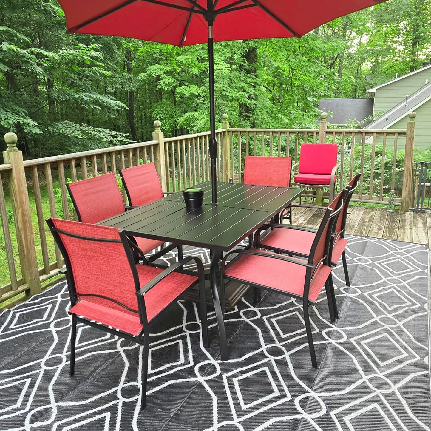 MAISON ARTS Set da pranzo per patio, tavolo rettangolare in metallo da 7 pezzi e 6 sedie in textilene