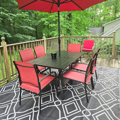 MAISON ARTS Set da pranzo per patio, tavolo rettangolare in metallo da 7 pezzi e 6 sedie in textilene