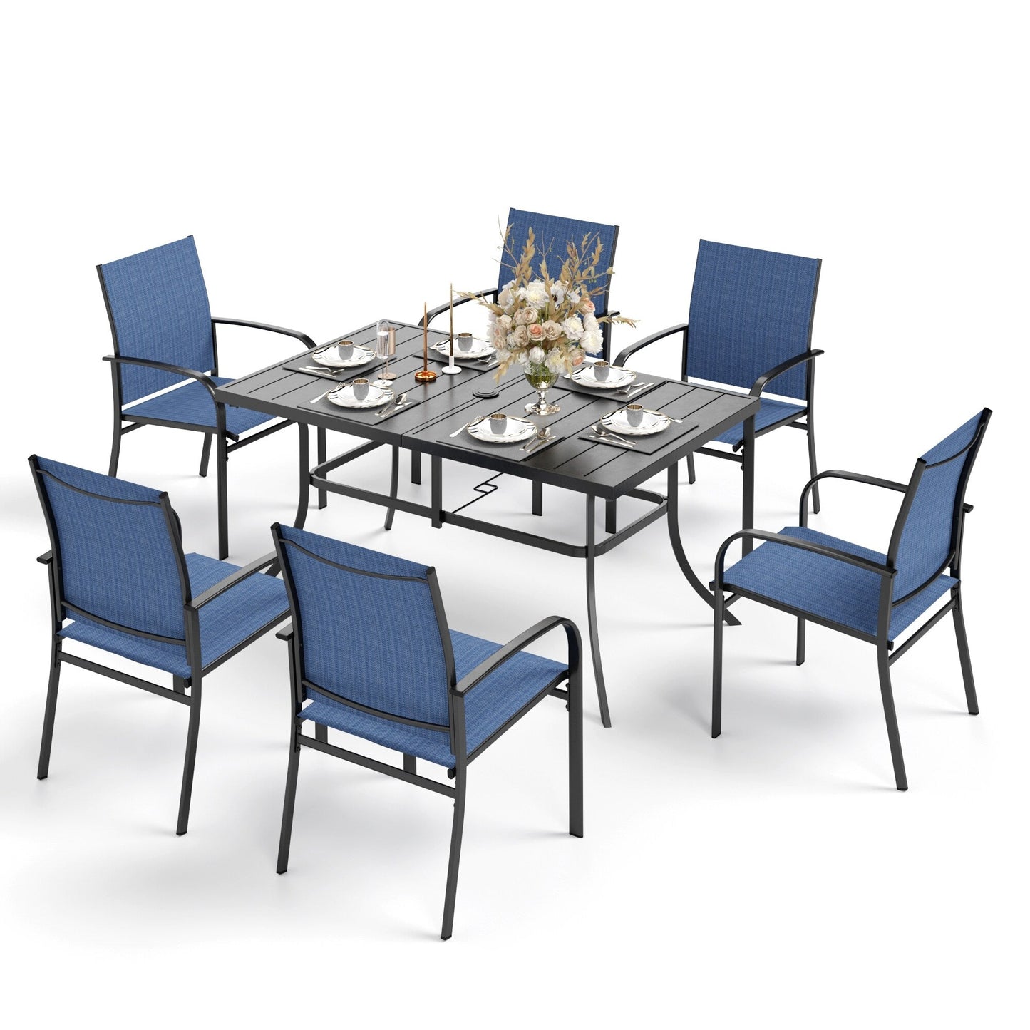MAISON ARTS Set da pranzo per patio 7 pezzi con 1 tavolo rettangolare in metallo e 6 sedie in textilene