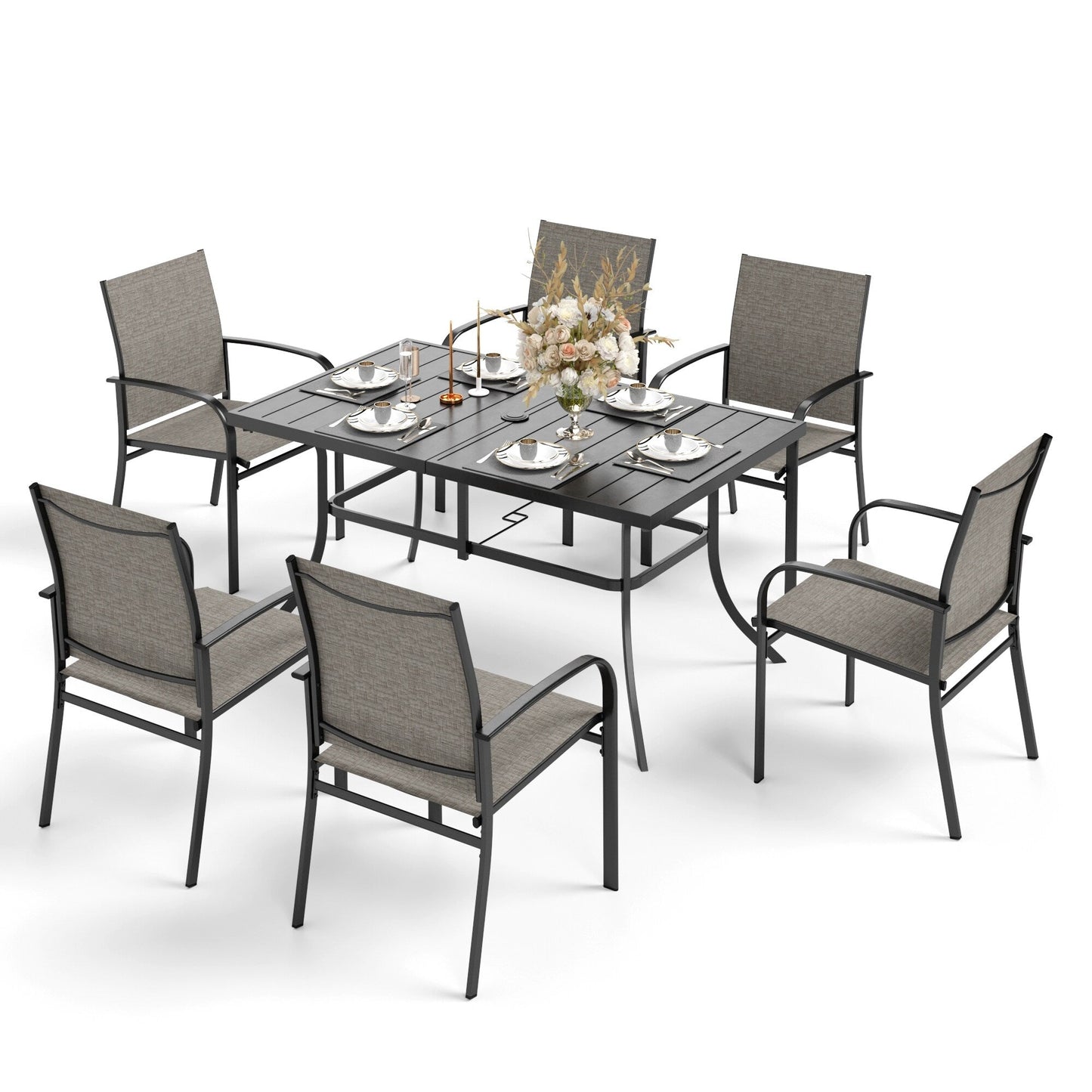 MAISON ARTS Set da pranzo per patio 7 pezzi con 1 tavolo rettangolare in metallo e 6 sedie in textilene