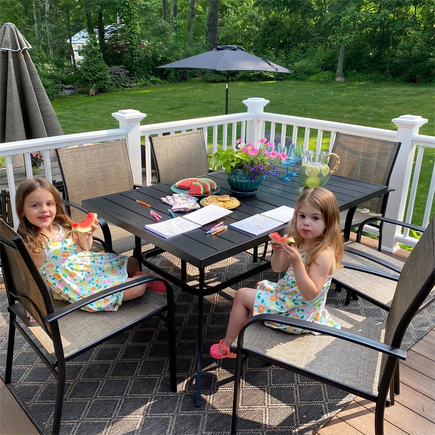 MAISON ARTS Set da pranzo per patio 7 pezzi con 1 tavolo rettangolare in metallo e 6 sedie in textilene