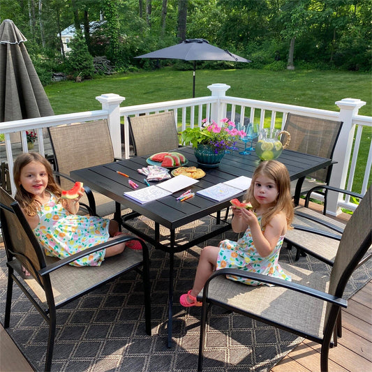 MAISON ARTS Set da pranzo per patio 7 pezzi con 1 tavolo rettangolare in metallo e 6 sedie in textilene