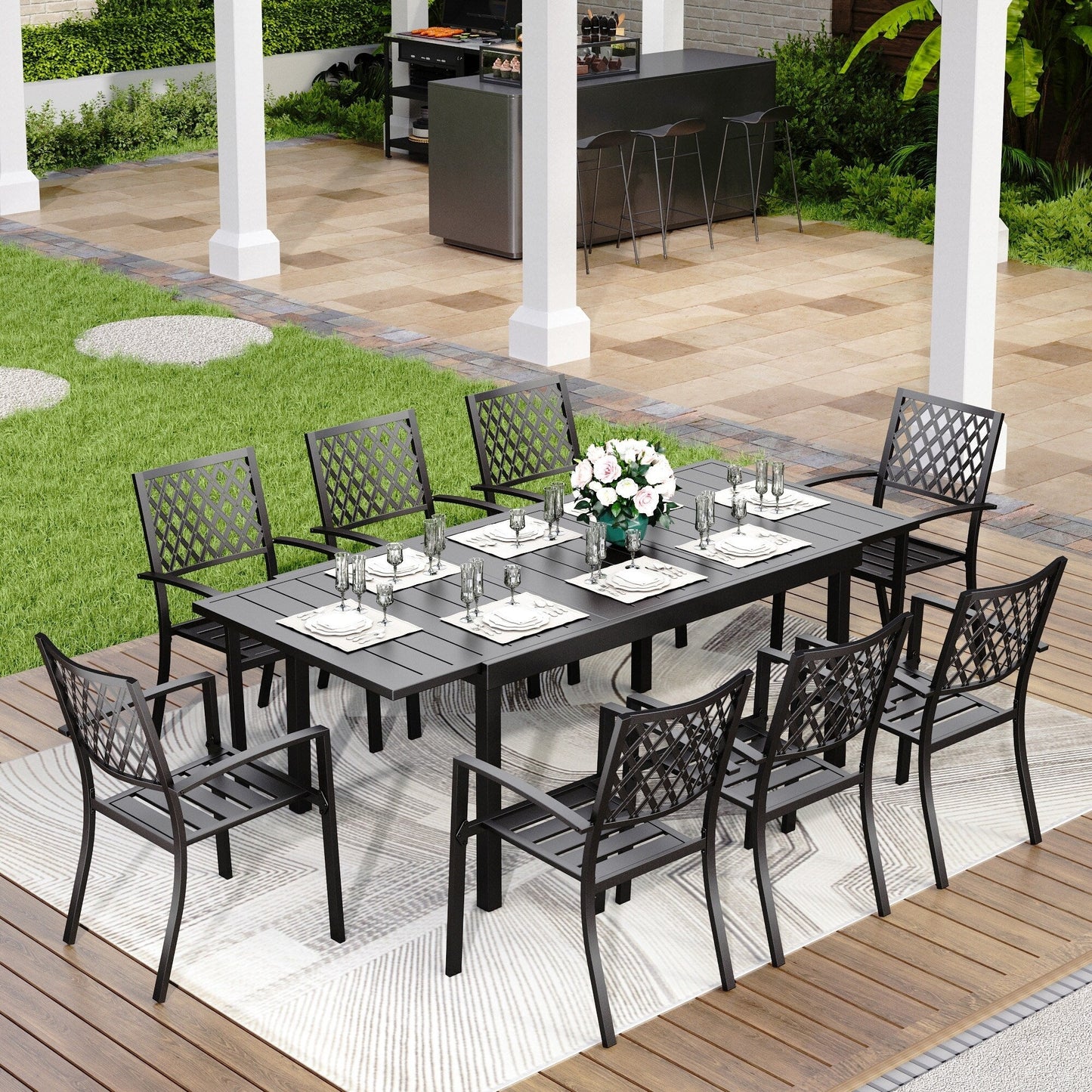 MAISON ARTS Set da pranzo per patio esterno per 6/8 persone, 6/8 sedie impilabili in metallo, 1 tavolo rettangolare espandibile