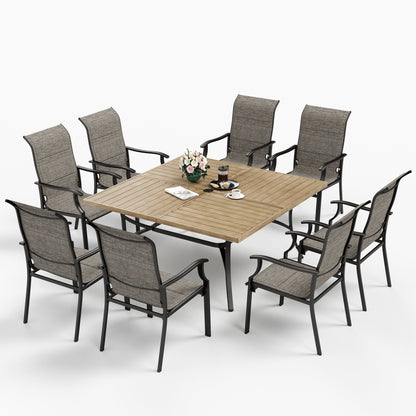 MAISON?ARTS Set da pranzo per patio da 9 pezzi, tavolo quadrato in metallo da 60 pollici e sedie a dondolo da pranzo con cinghie