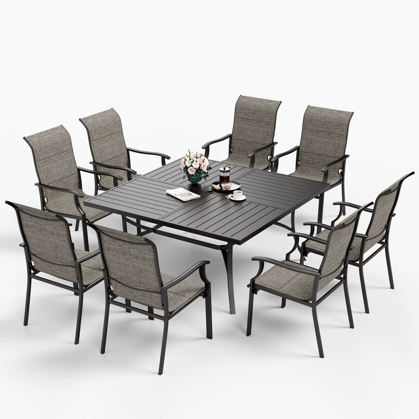 MAISON?ARTS Set da pranzo per patio da 9 pezzi, tavolo quadrato in metallo da 60 pollici e sedie a dondolo da pranzo con cinghie