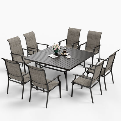 MAISON?ARTS Set da pranzo per patio da 9 pezzi, tavolo quadrato in metallo da 60 pollici e sedie a dondolo da pranzo con cinghie