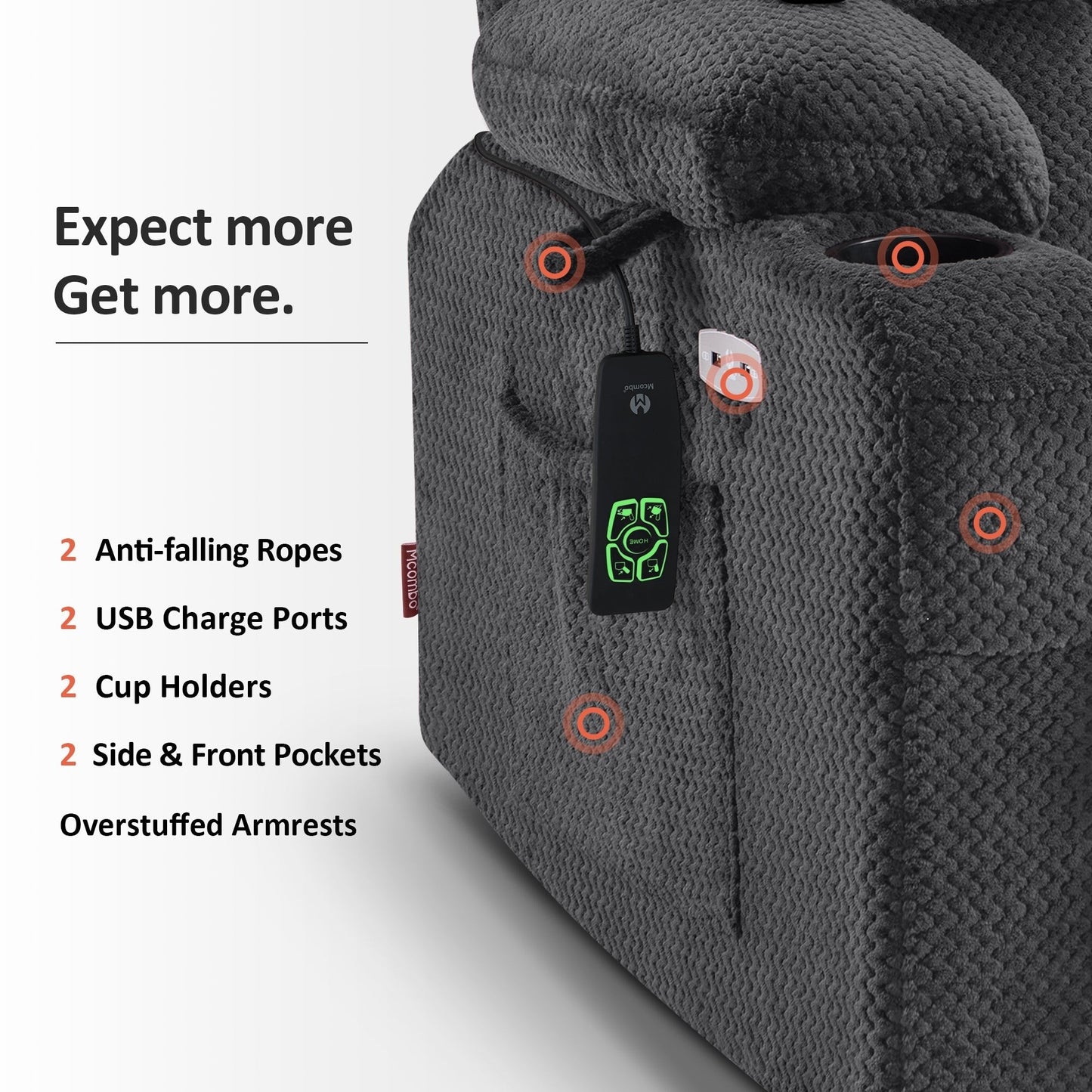 Poltrona reclinabile elettrica MCombo Medium a doppio motore, posizione infinita, massaggio e calore, poggiapiedi esteso, tessuto 7890