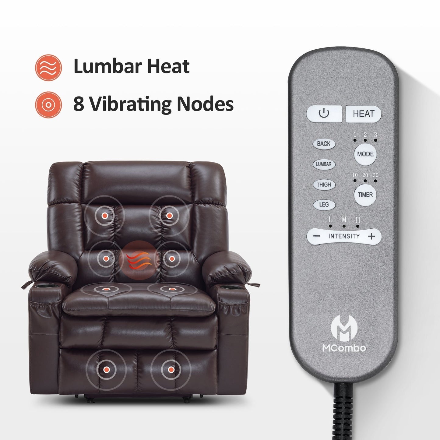 Poltrona reclinabile elettrica MCombo a doppio motore con massaggio e calore, posizione infinita, similpelle R7897 (media-larga)