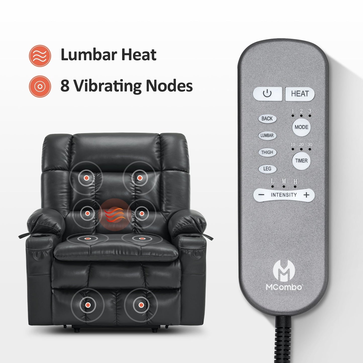 Poltrona reclinabile elettrica MCombo a doppio motore con massaggio e calore, posizione infinita, similpelle R7897 (media-larga)