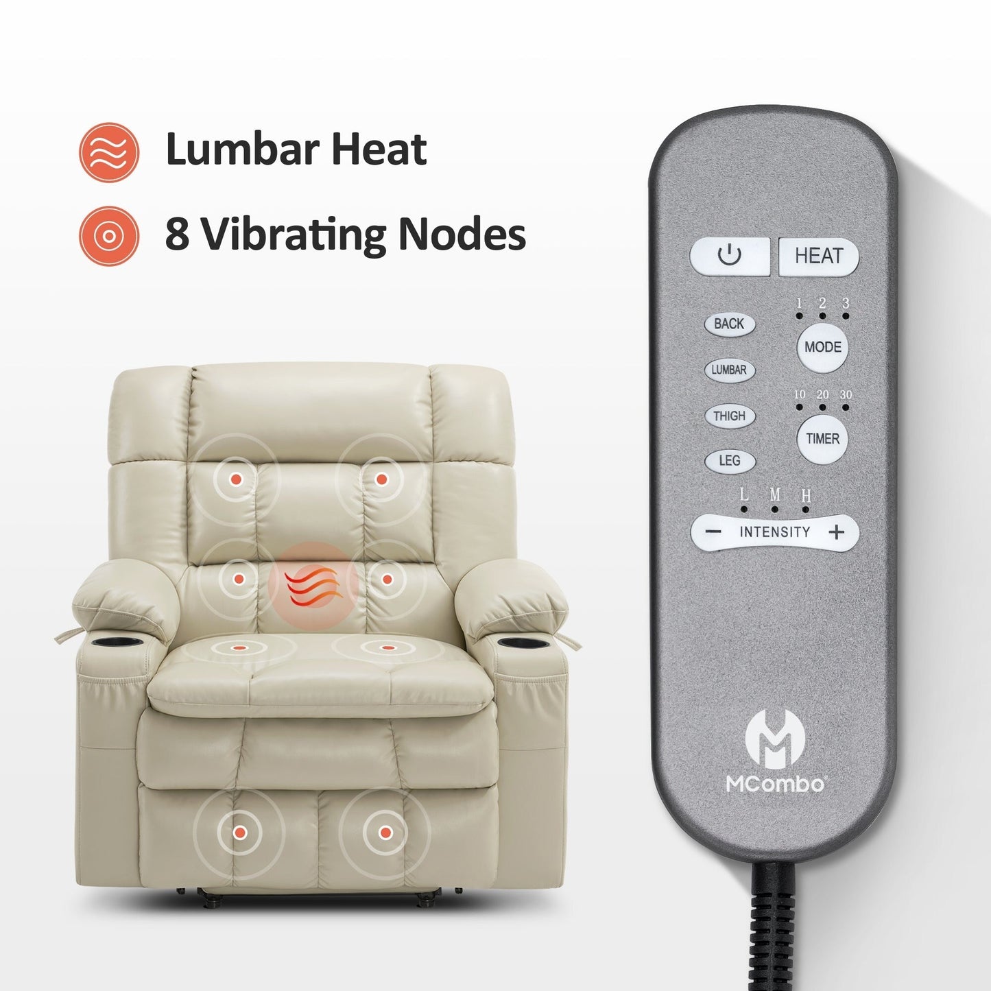 Poltrona reclinabile elettrica MCombo a doppio motore con massaggio e calore, posizione infinita, similpelle R7897 (media-larga)