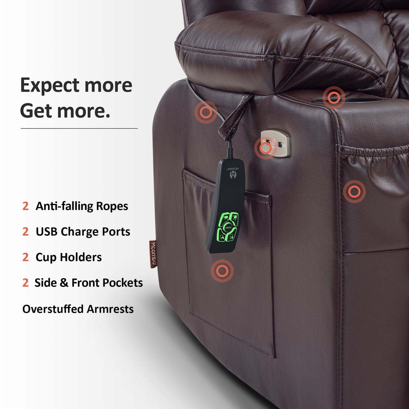 Poltrona reclinabile elettrica MCombo a doppio motore con massaggio e calore per persone di corporatura robusta, in similpelle R7891 (Large-Wide)