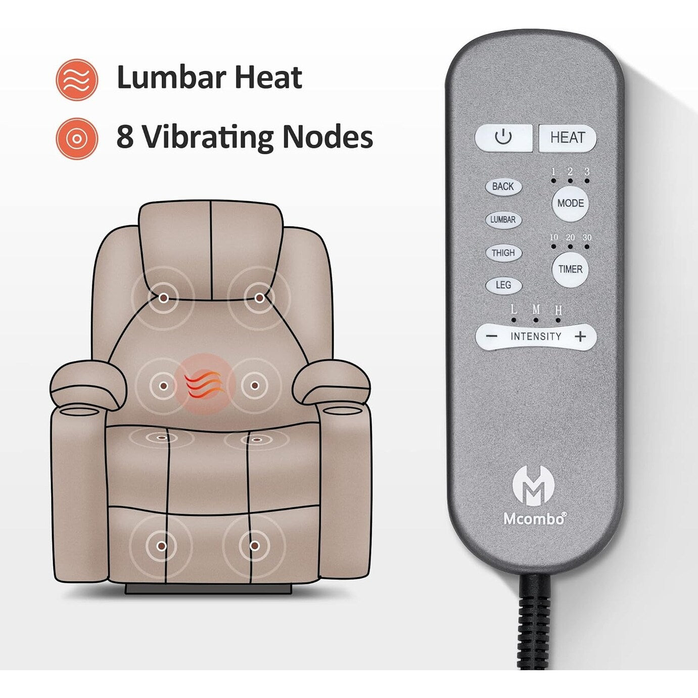 Poltrona reclinabile elettrica MCombo con massaggio e calore, 3 posizioni, porte USB, tessuto 7040