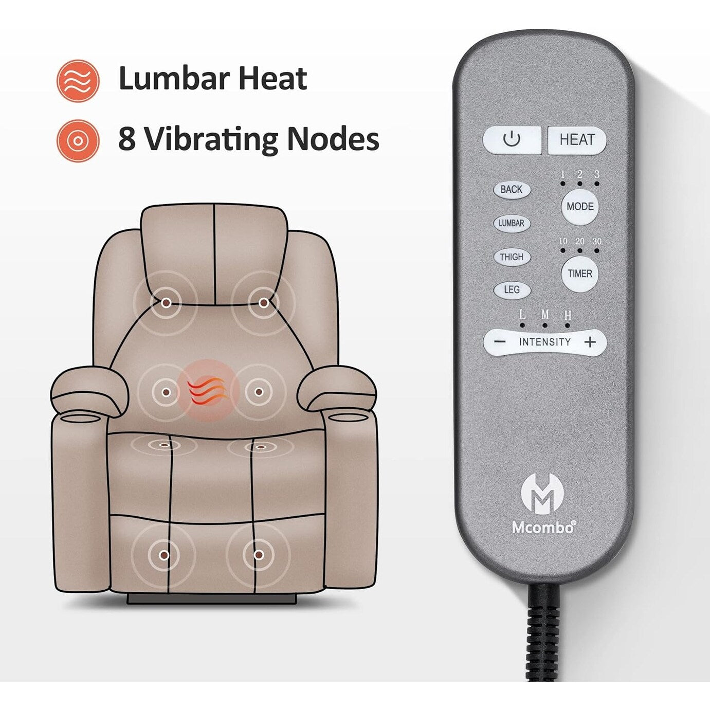 Poltrona reclinabile elettrica MCombo con massaggio e calore, 3 posizioni, porte USB, tessuto 7040