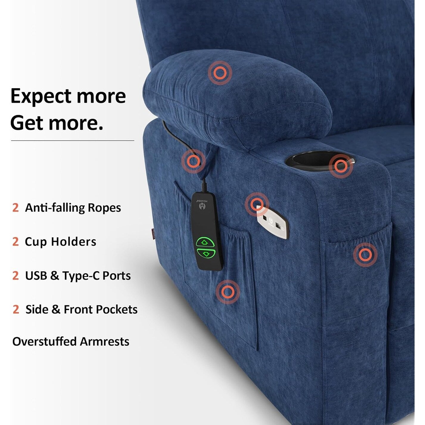 Poltrona reclinabile elettrica MCombo con massaggio e calore, 3 posizioni, porte USB, tessuto 7040