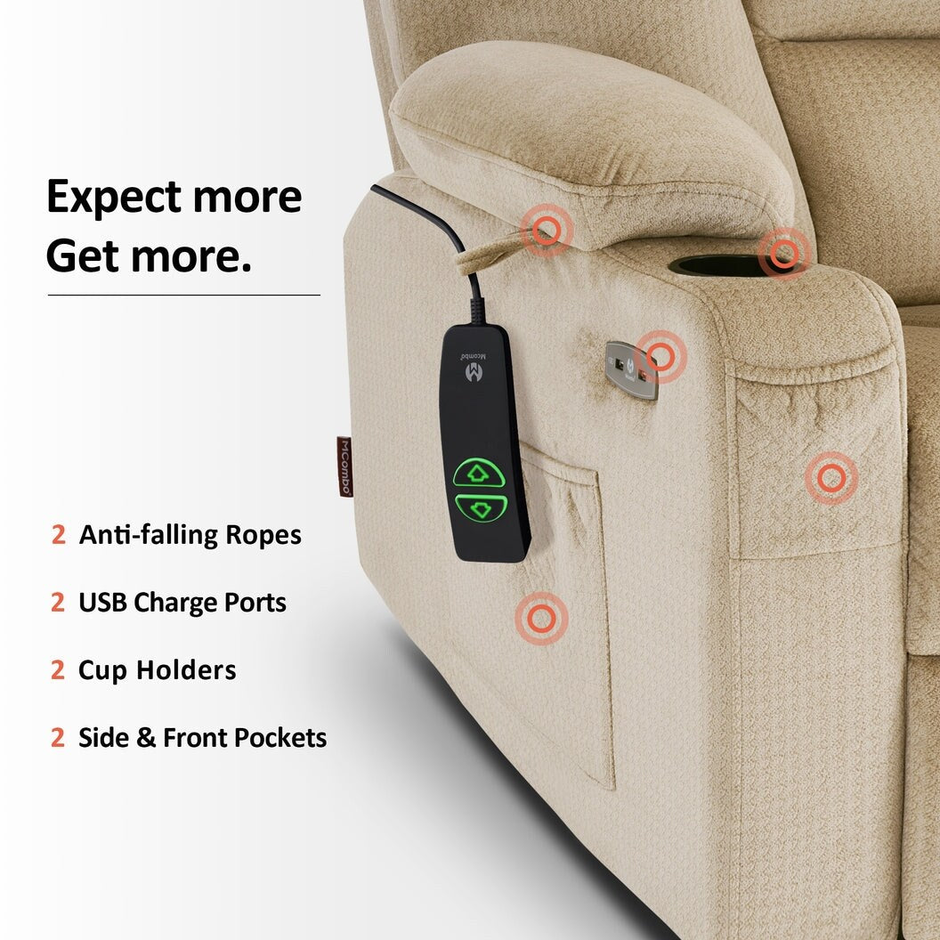 Poltrona reclinabile elettrica MCombo con massaggio e calore per anziani, poggiapiedi esteso, porte USB, tessuto (media)