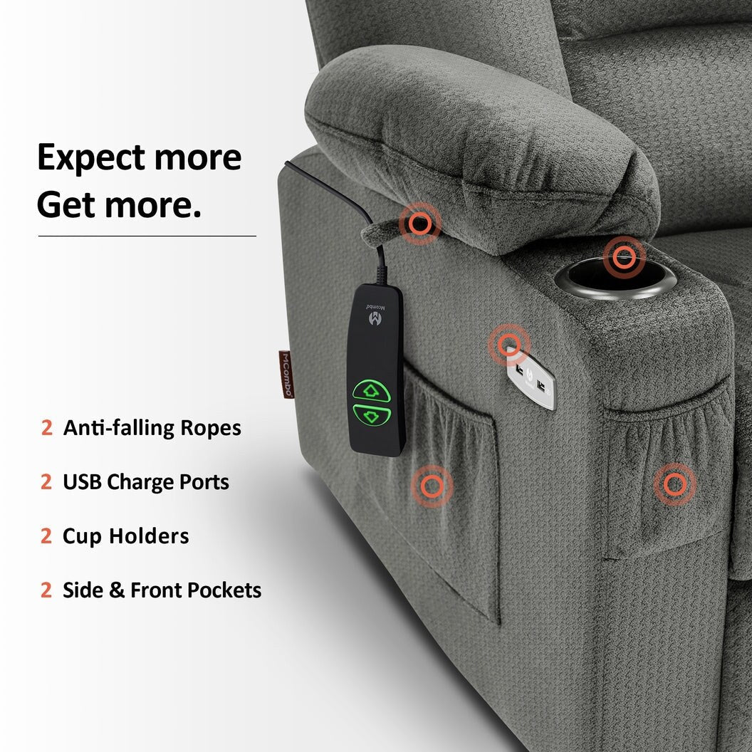 Poltrona reclinabile elettrica MCombo con massaggio e calore per anziani, poggiapiedi esteso, porte USB, tessuto (media)