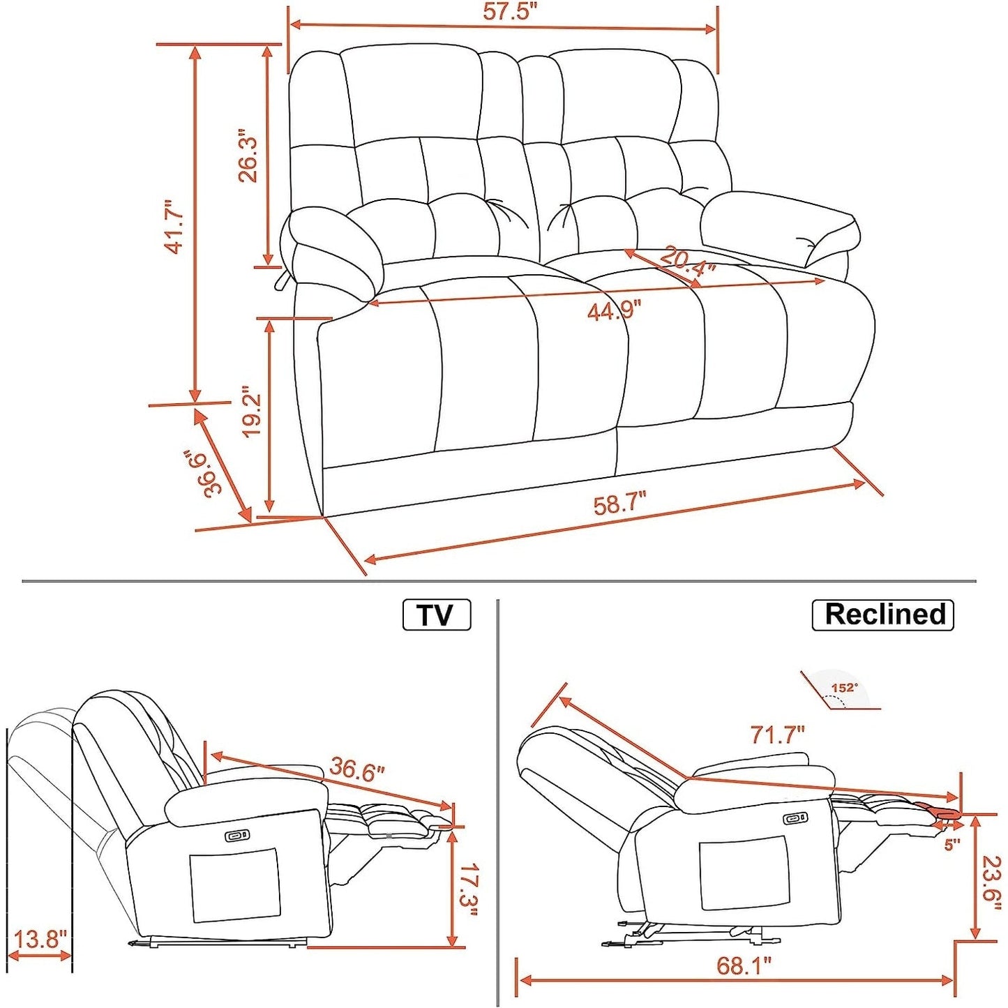 Divano a due posti reclinabile elettrico MCombo con riscaldamento e massaggio, tessuto 6237