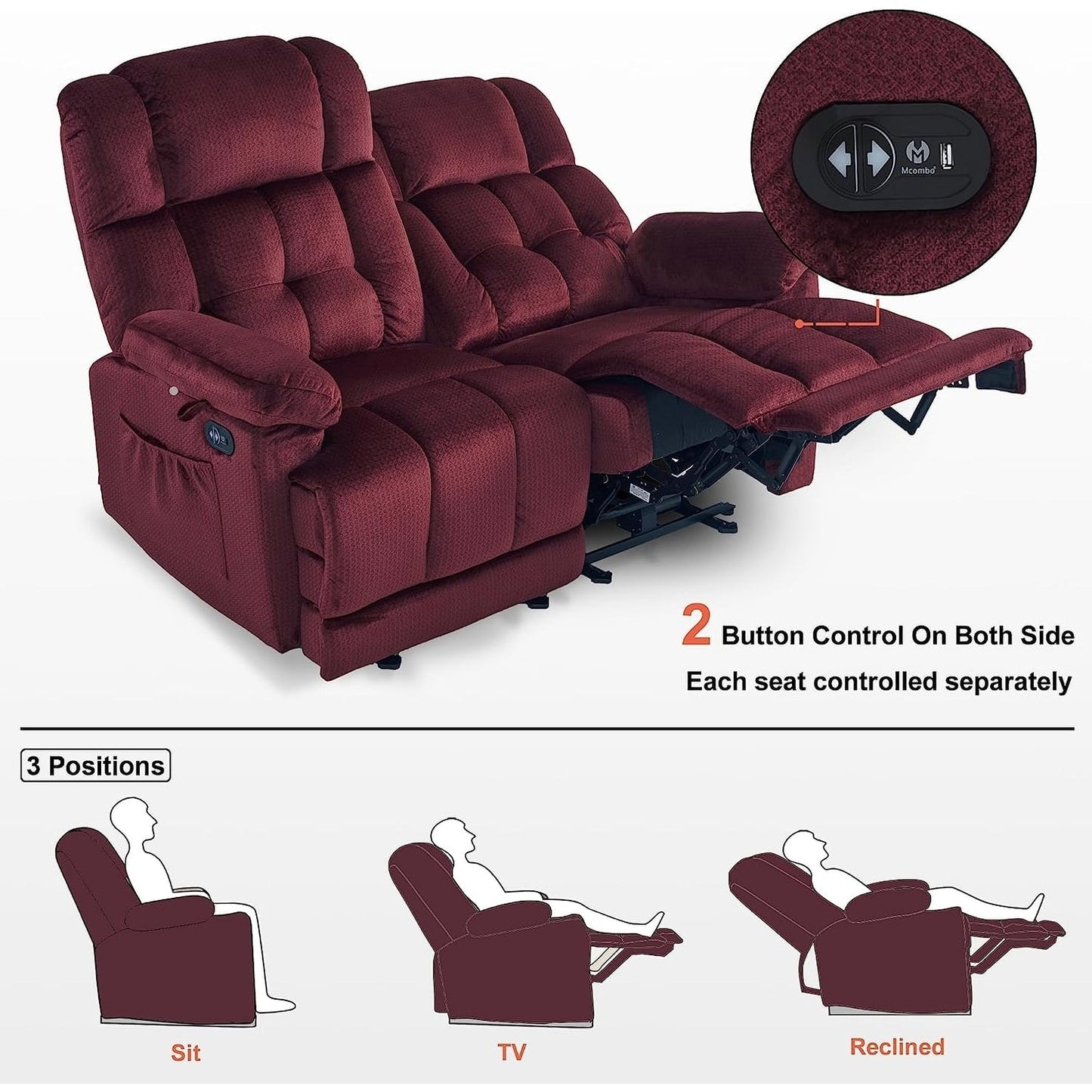 Divano a due posti reclinabile elettrico MCombo con riscaldamento e massaggio, tessuto 6237