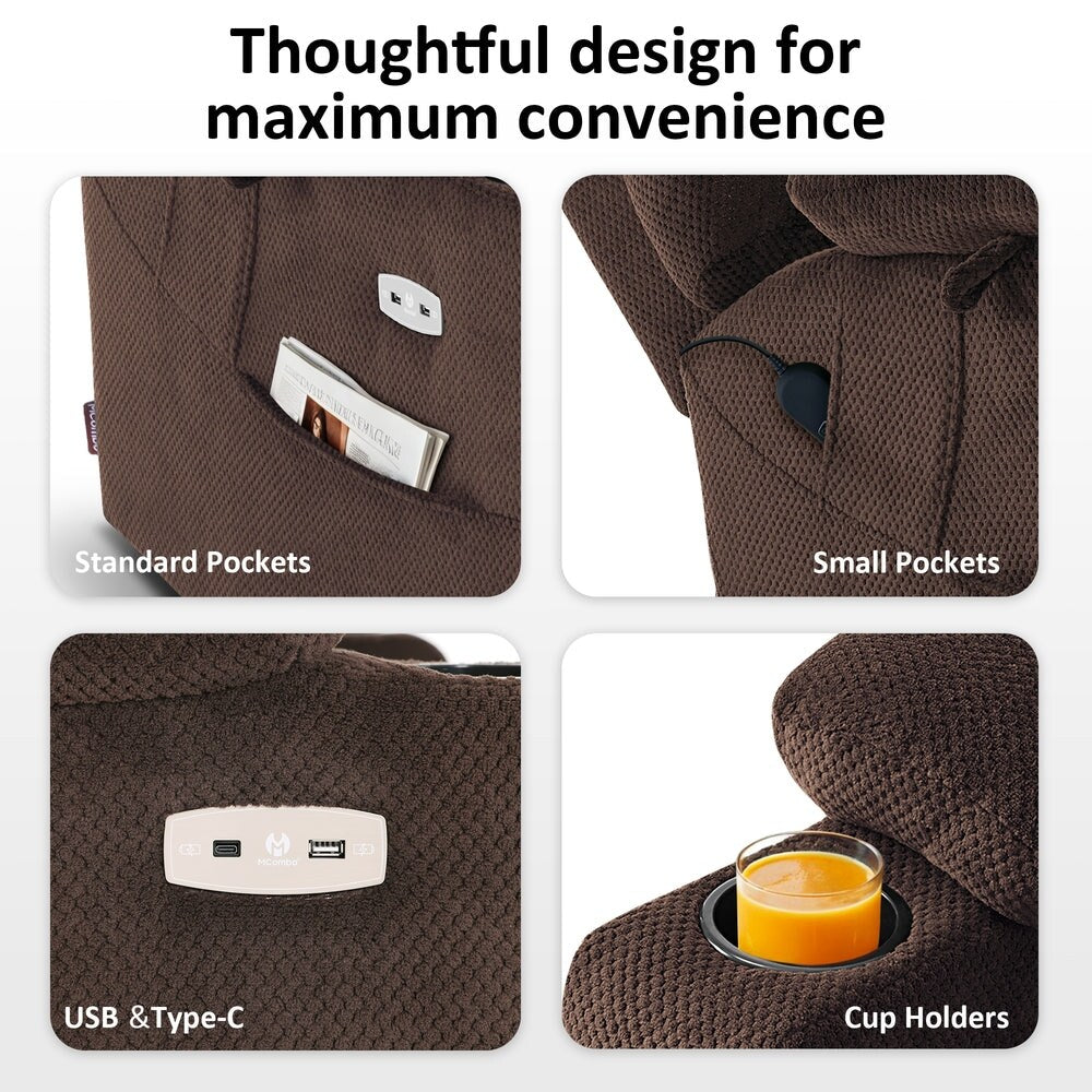 Poltrona reclinabile elettrica MCombo Large con doppio motore, massaggio e doppio riscaldamento per anziani alti e di grossa taglia, tessuto 7634