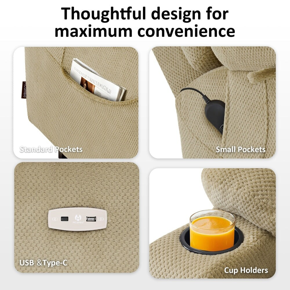 Poltrona reclinabile elettrica MCombo Large con doppio motore, massaggio e doppio riscaldamento per anziani alti e di grossa taglia, tessuto 7634