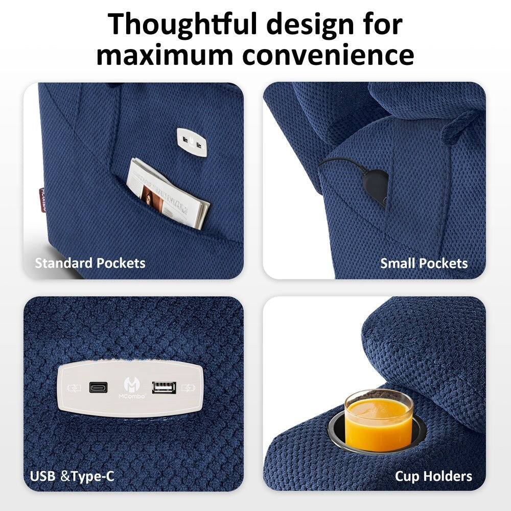 Poltrona reclinabile elettrica MCombo Large con doppio motore, massaggio e doppio riscaldamento per anziani alti e di grossa taglia, tessuto 7634