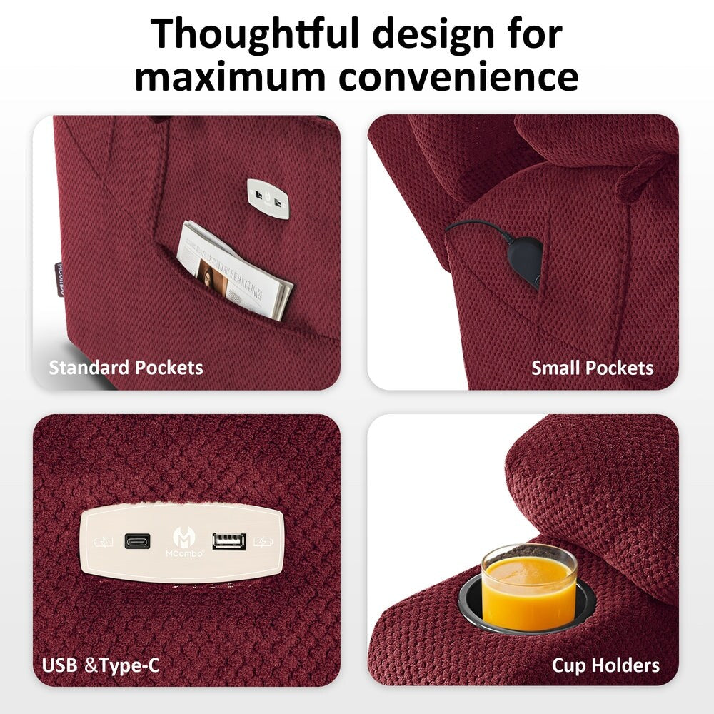 Poltrona reclinabile elettrica MCombo Large con doppio motore, massaggio e doppio riscaldamento per anziani alti e di grossa taglia, tessuto 7634