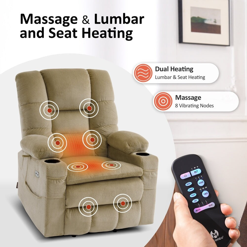 Poltrona reclinabile elettrica MCombo Large con doppio motore, massaggio e doppio riscaldamento per anziani alti e di grossa taglia, tessuto 7634