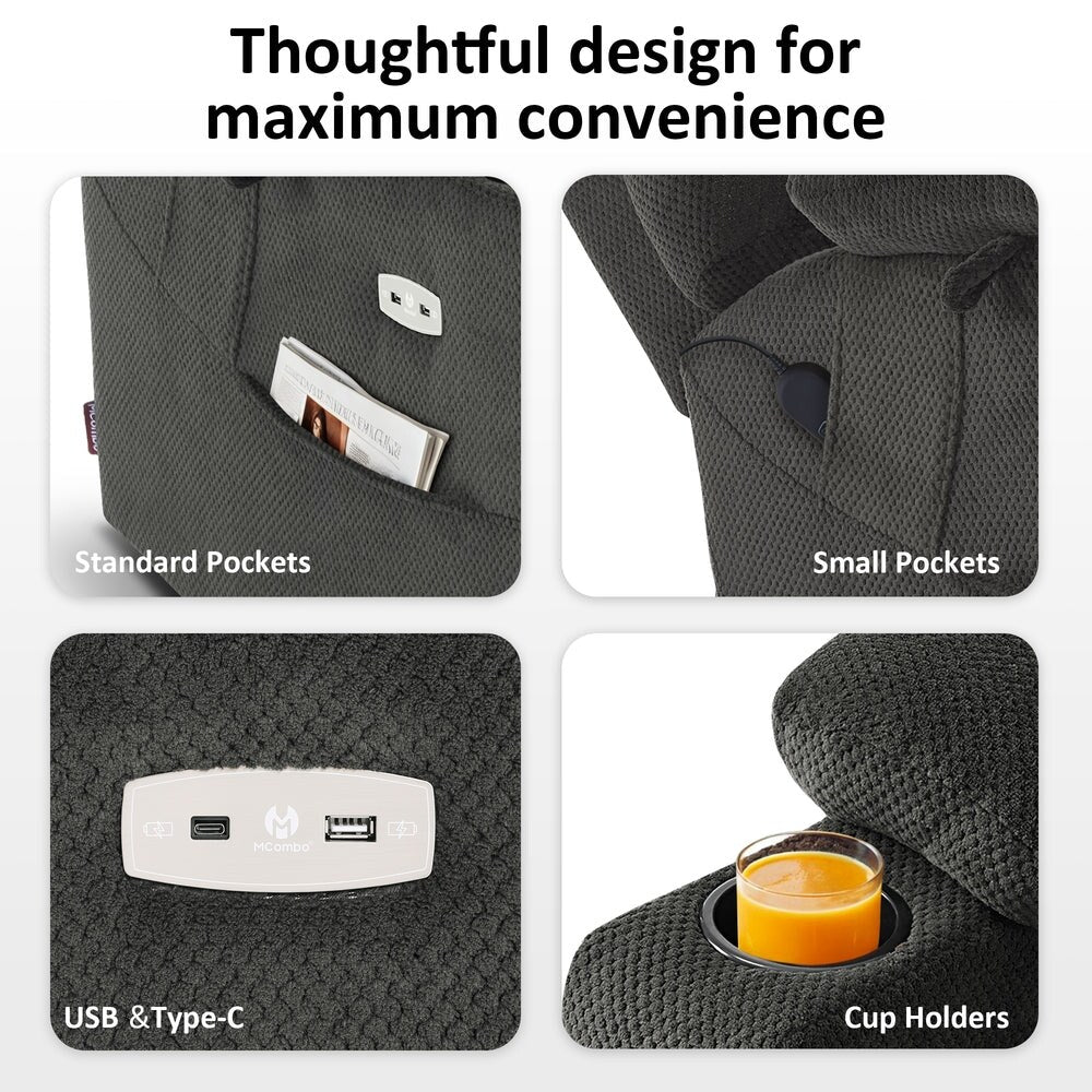 Poltrona reclinabile elettrica MCombo Large con doppio motore, massaggio e doppio riscaldamento per anziani alti e di grossa taglia, tessuto 7634