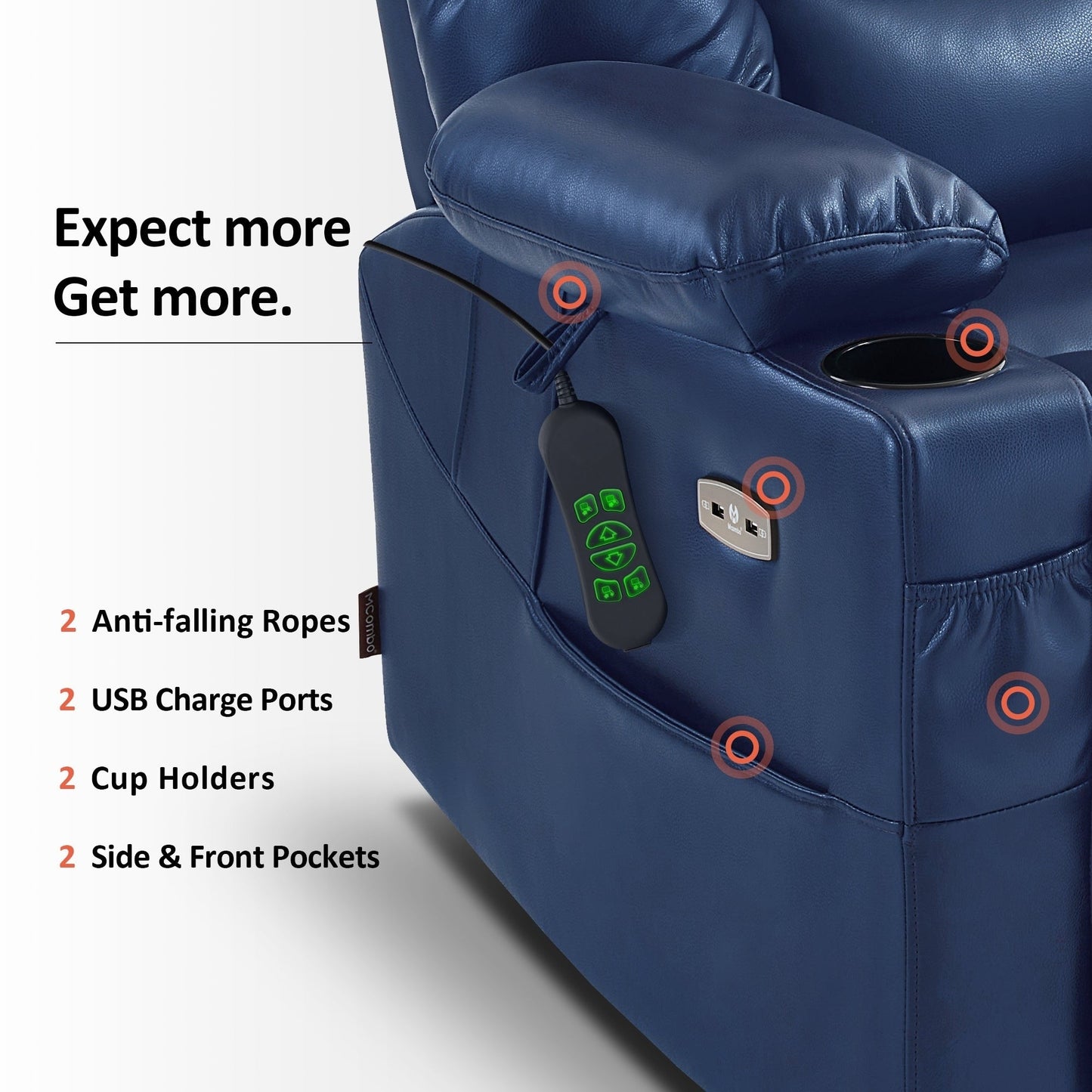 Poltrona reclinabile elettrica MCombo Large con doppio motore, massaggio e doppio riscaldamento per anziani, in similpelle 7634