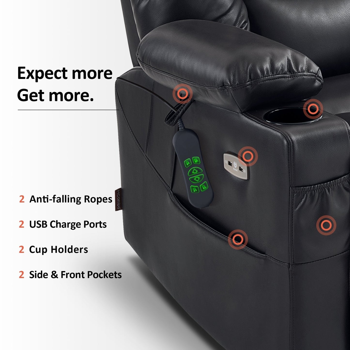 Poltrona reclinabile elettrica MCombo Large con doppio motore, massaggio e doppio riscaldamento per anziani, in similpelle 7634