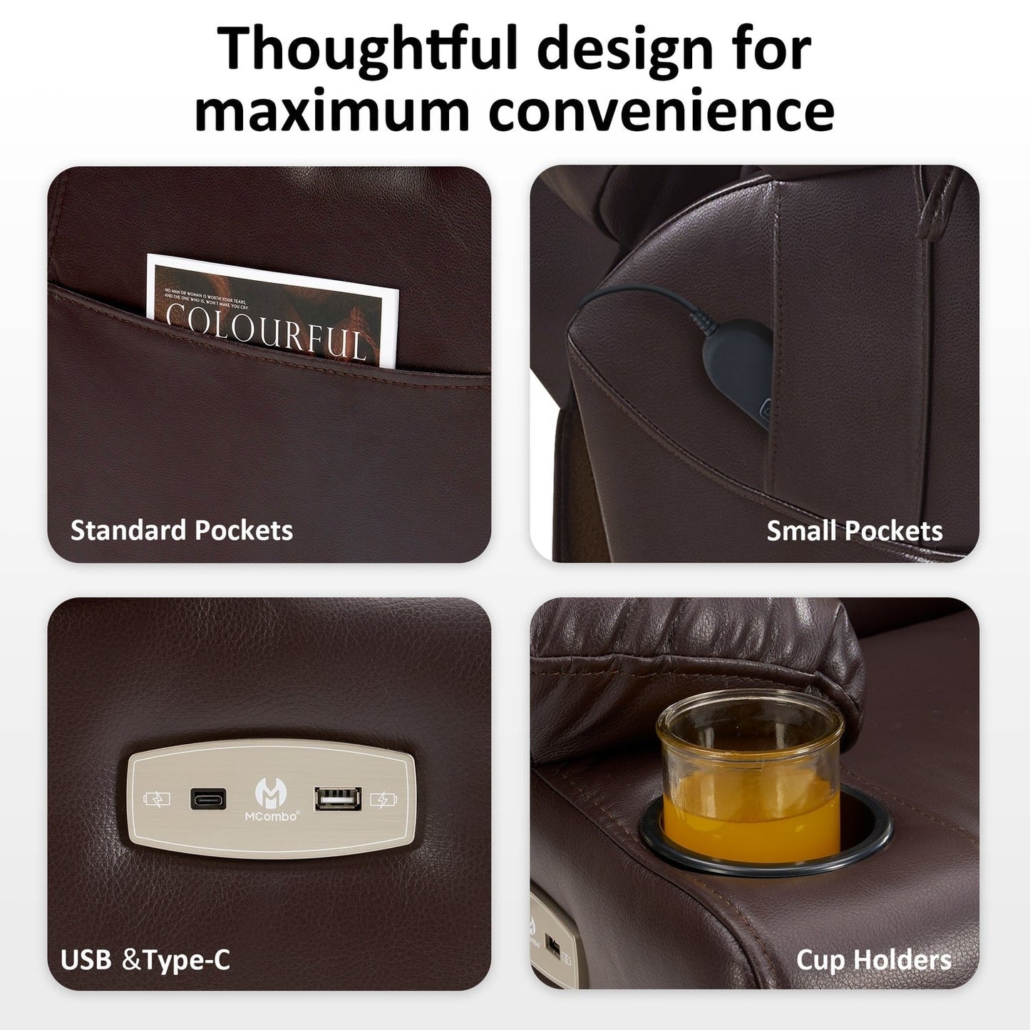 Poltrona reclinabile elettrica MCombo Large con doppio motore, massaggio e doppio riscaldamento per anziani, in similpelle 7634