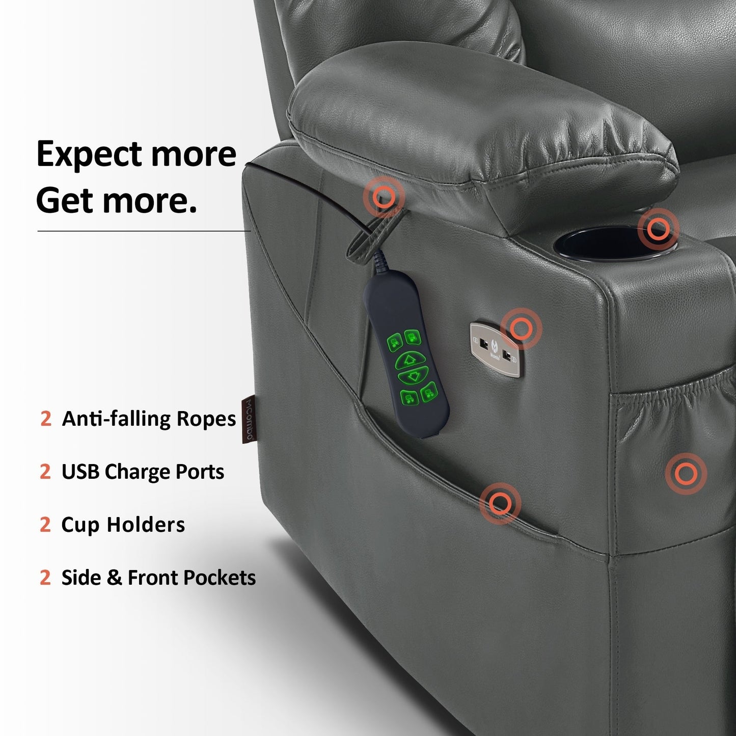 Poltrona reclinabile elettrica MCombo Large con doppio motore, massaggio e doppio riscaldamento per anziani, in similpelle 7634