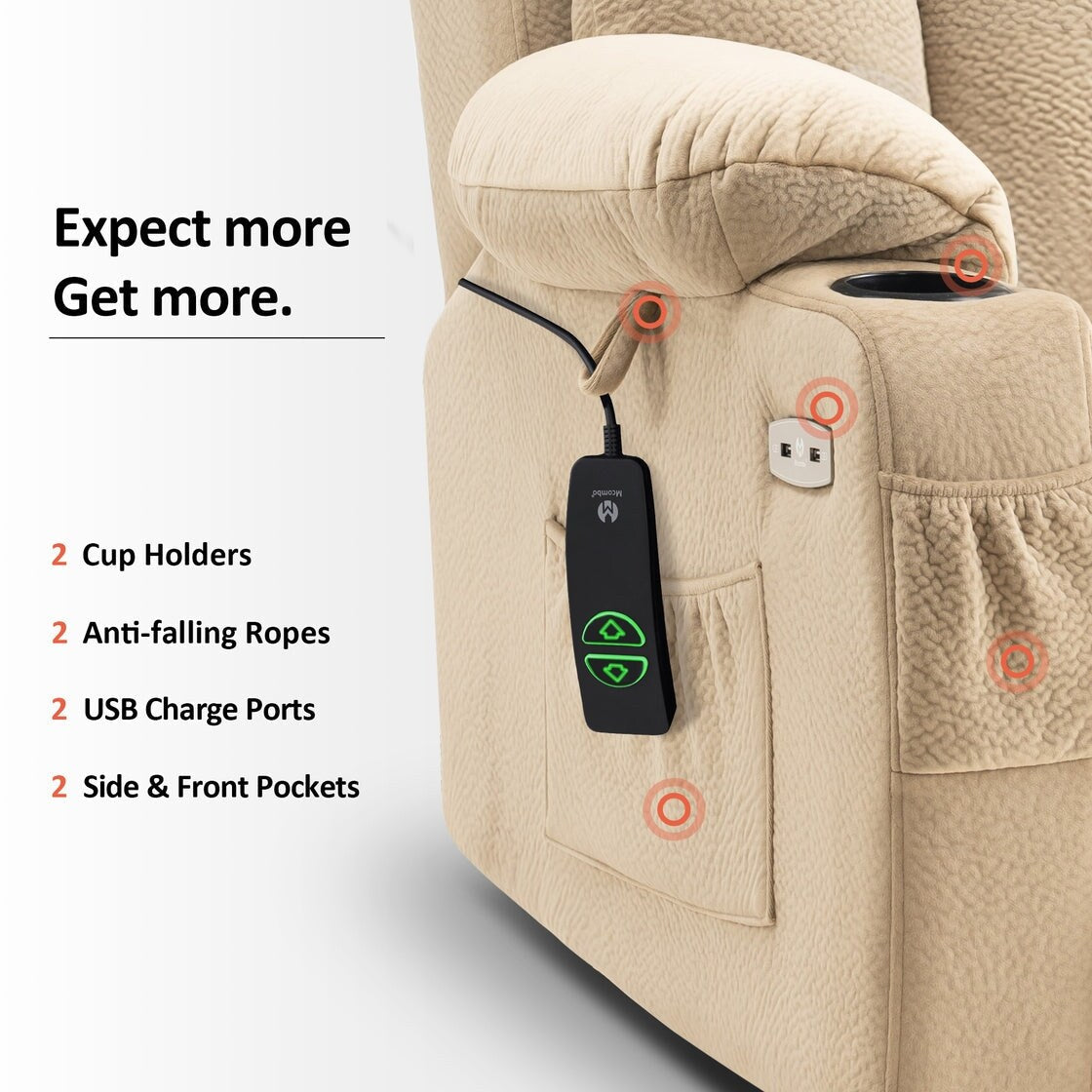 Poltrona reclinabile elettrica MCombo di grandi dimensioni con poggiapiedi esteso per anziani alti e grandi, telecomando, portabicchieri, tessuto 7426