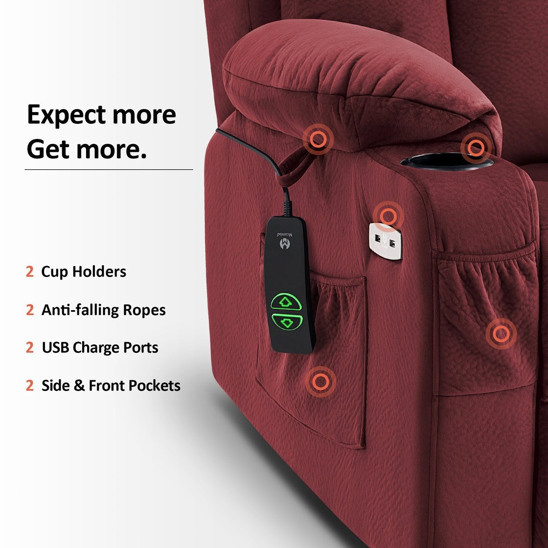 Poltrona reclinabile elettrica MCombo di grandi dimensioni con poggiapiedi esteso per anziani alti e grandi, telecomando, portabicchieri, tessuto 7426