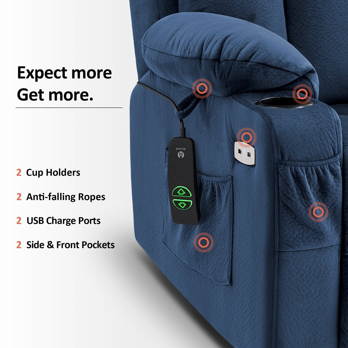 Poltrona reclinabile elettrica MCombo di grandi dimensioni con poggiapiedi esteso per anziani alti e grandi, telecomando, portabicchieri, tessuto 7426