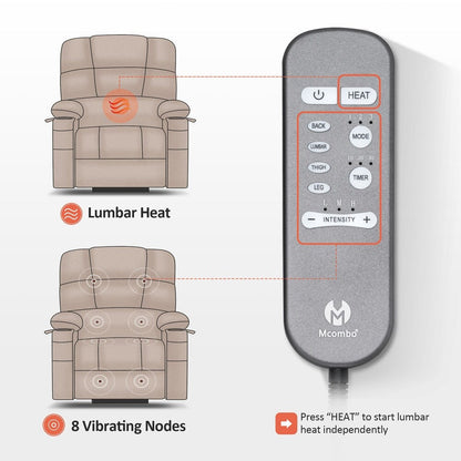 Poltrona reclinabile elettrica MCombo Lay Flat a doppio motore con massaggio e calore per anziani, posizione infinita, tessuto R7677