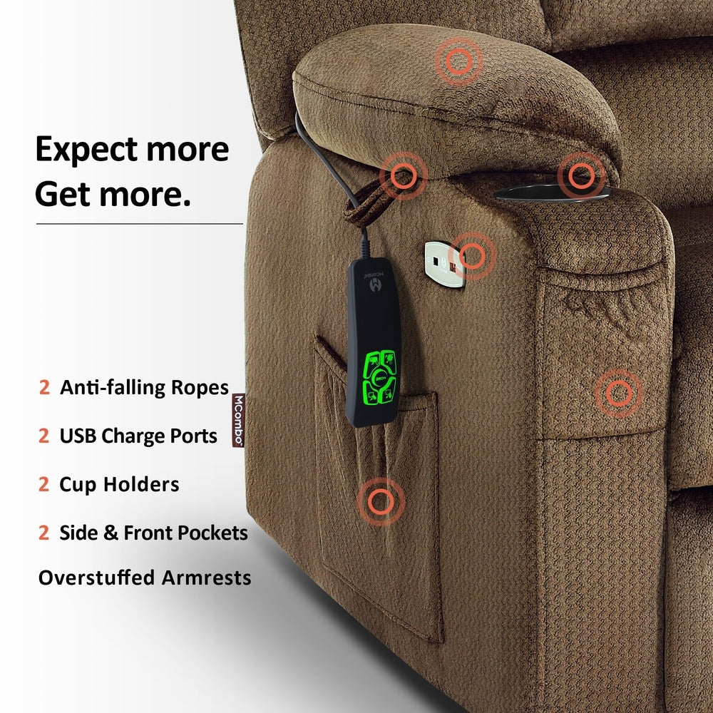 Poltrona reclinabile elettrica MCombo Lay Flat a doppio motore con massaggio e calore per anziani, posizione infinita, tessuto R7677