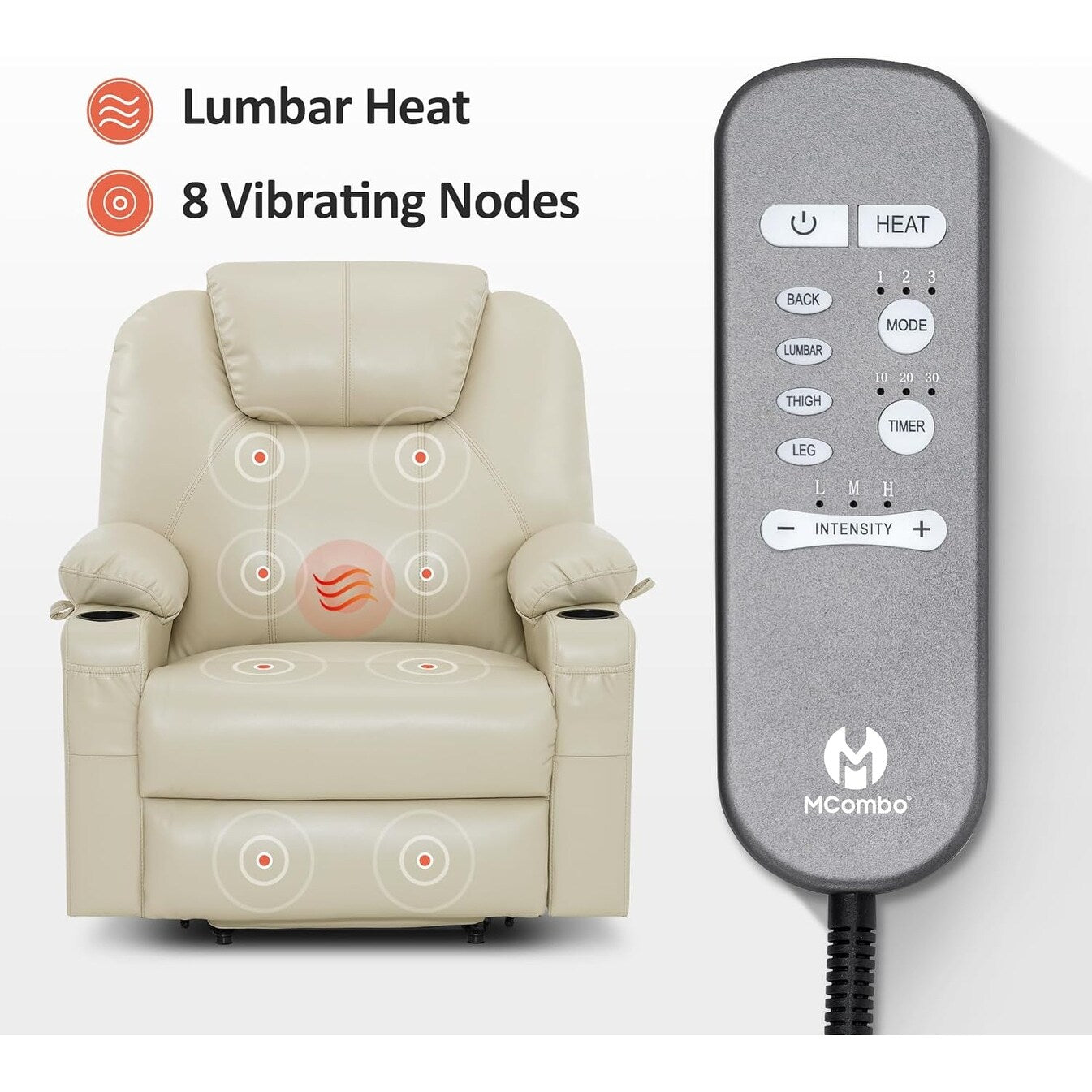 Poltrona reclinabile elettrica MCombo di media larghezza con massaggio e calore per anziani, in similpelle R7045