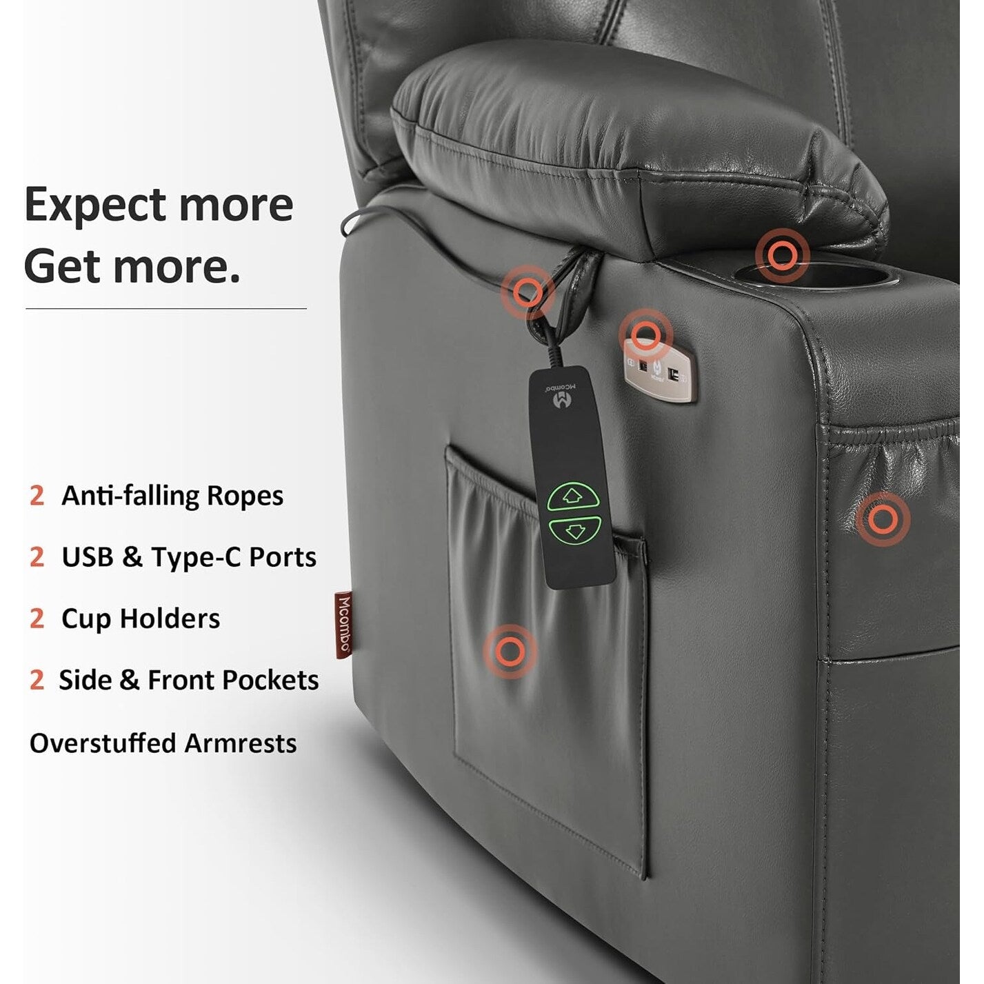 Poltrona reclinabile elettrica MCombo di media larghezza con massaggio e calore per anziani, in similpelle R7045