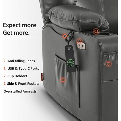 Poltrona reclinabile elettrica MCombo di media larghezza con massaggio e calore per anziani, in similpelle R7045