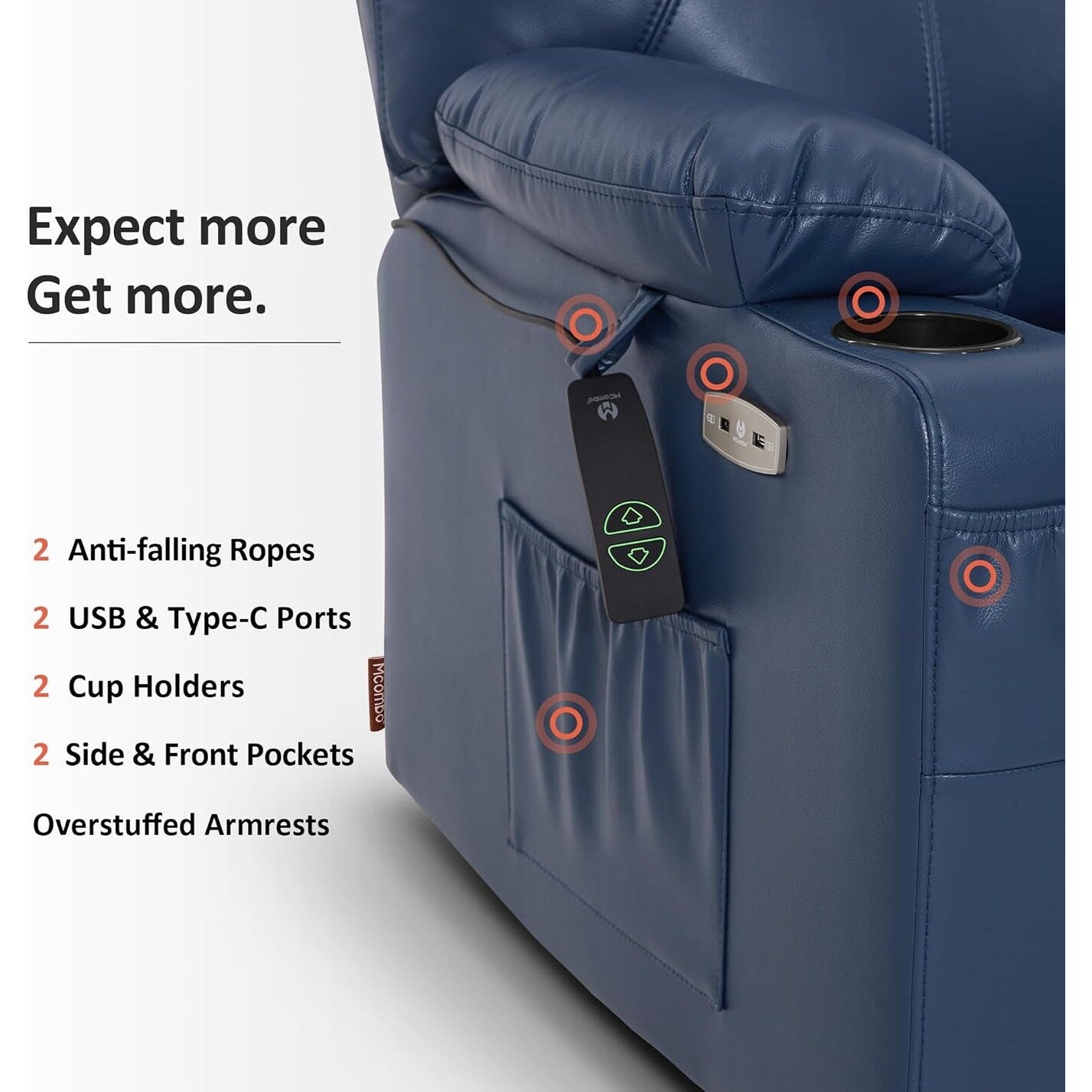 Poltrona reclinabile elettrica MCombo di media larghezza con massaggio e calore per anziani, in similpelle R7045