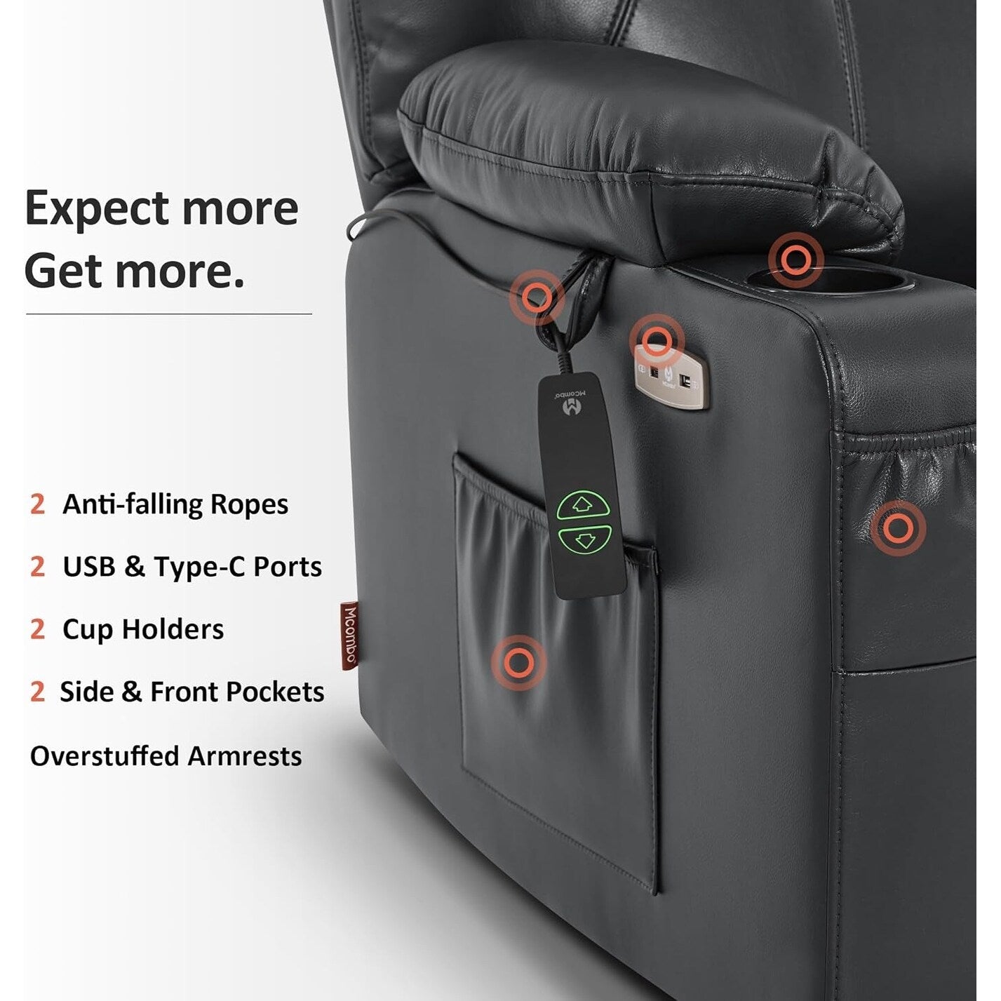 Poltrona reclinabile elettrica MCombo di media larghezza con massaggio e calore per anziani, in similpelle R7045