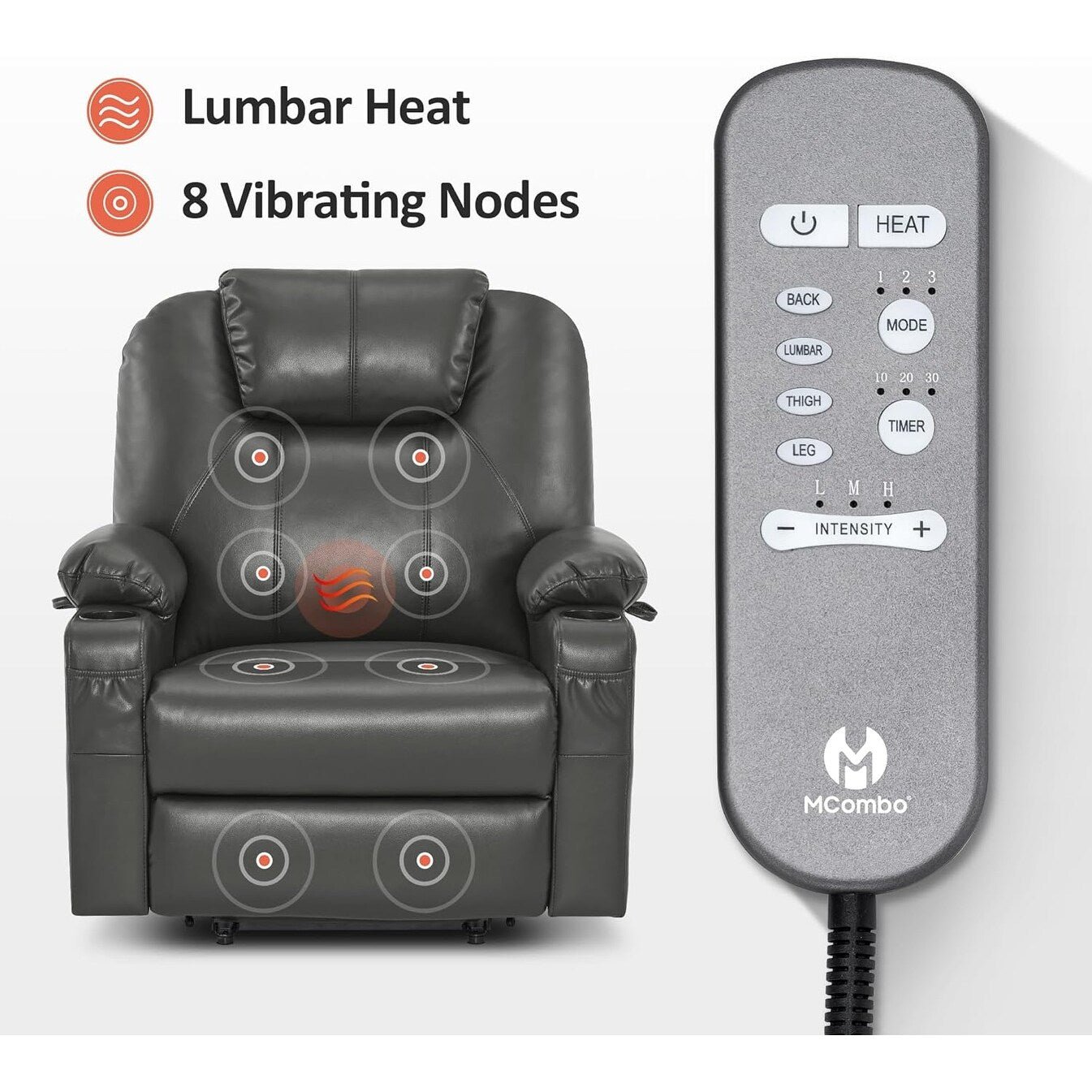 Poltrona reclinabile elettrica MCombo di media larghezza con massaggio e calore per anziani, in similpelle R7045