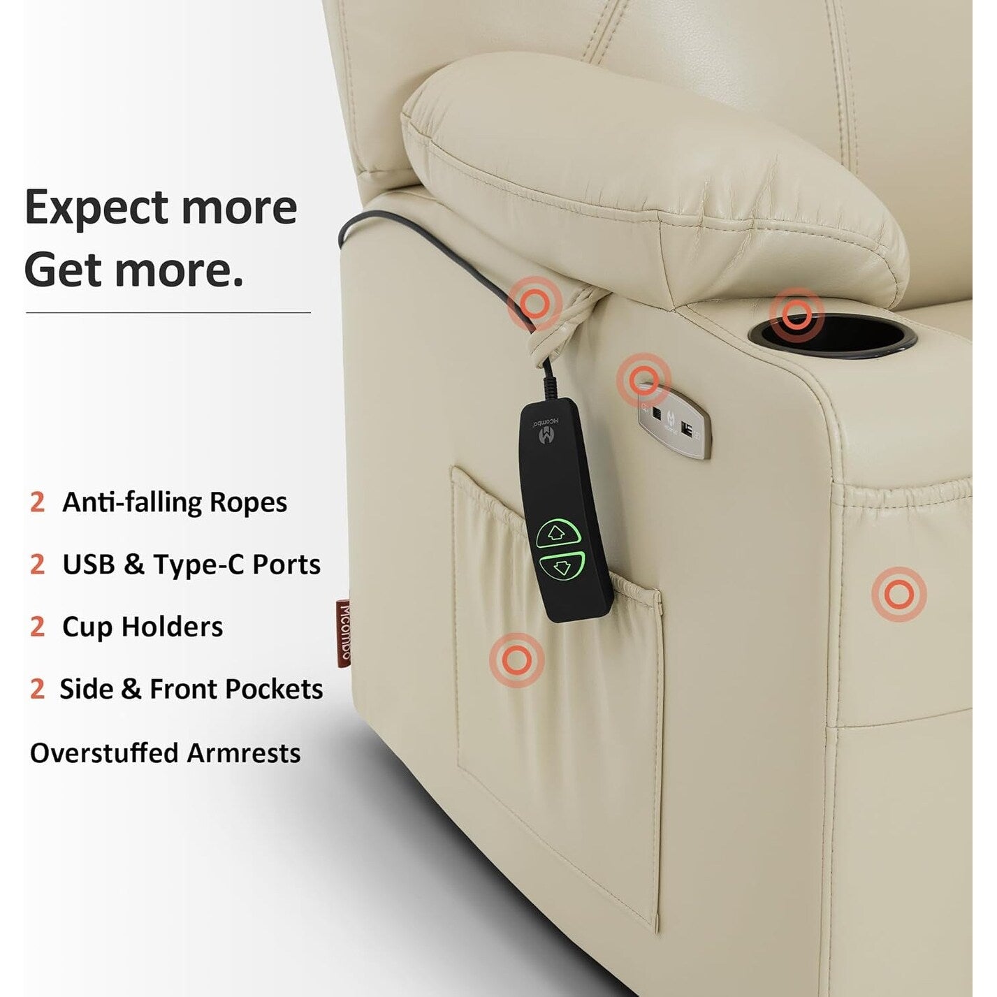 Poltrona reclinabile elettrica MCombo di media larghezza con massaggio e calore per anziani, in similpelle R7045