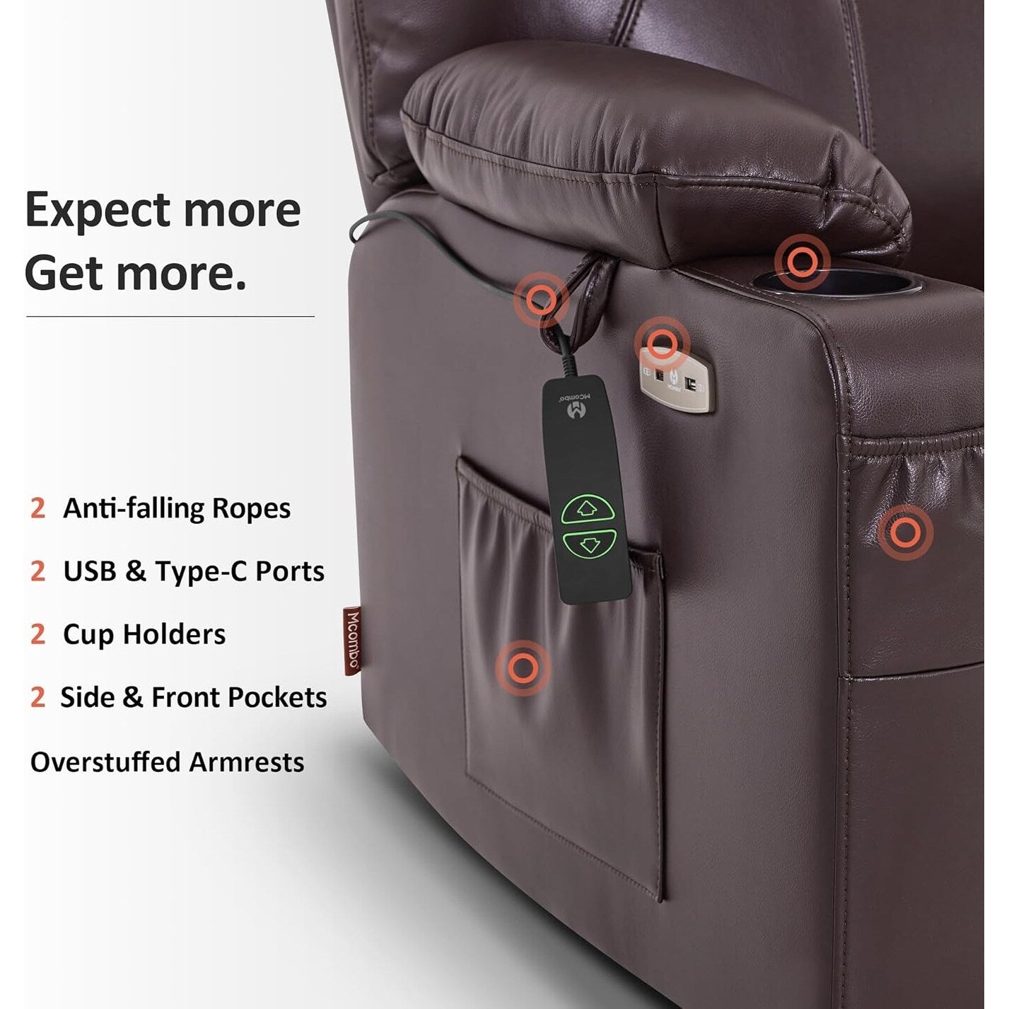 Poltrona reclinabile elettrica MCombo di media larghezza con massaggio e calore per anziani, in similpelle R7045