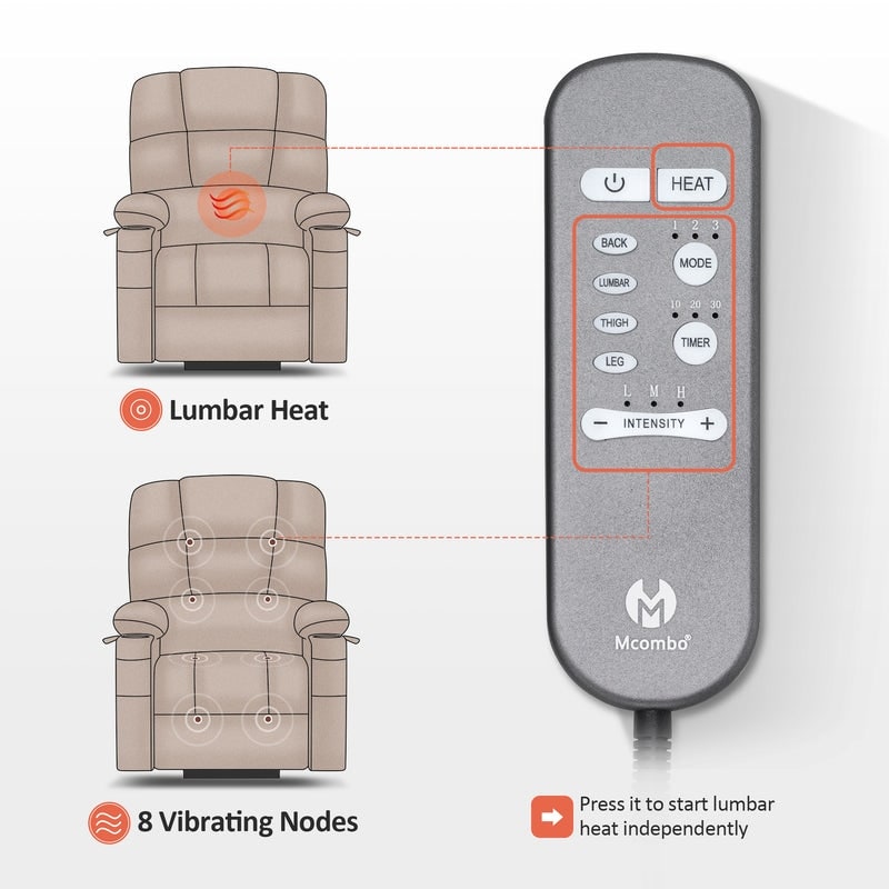 Poltrona reclinabile elettrica MCombo a doppio motore per anziani, massaggio e calore, tessuto 7680