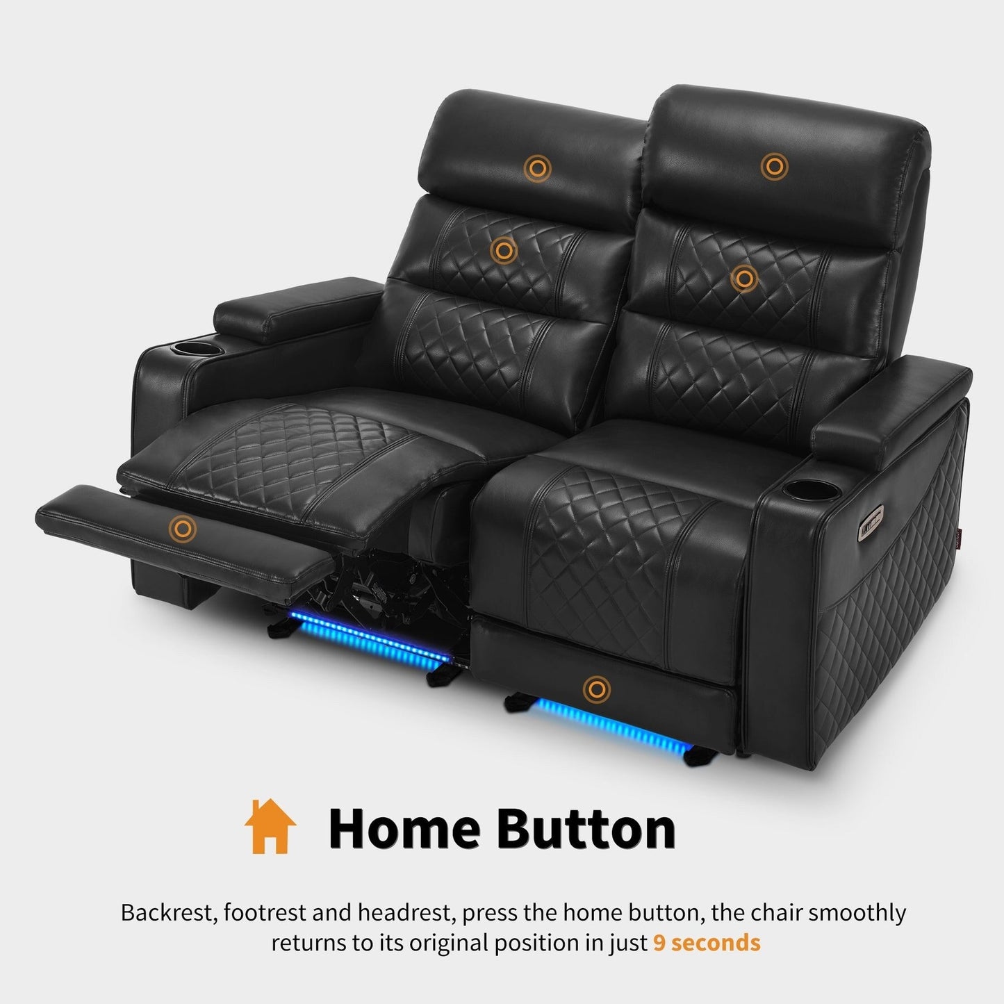 Divano a due posti reclinabile elettricamente MCombo con poggiatesta regolabili, seduta per home theater con braccioli portaoggetti, similpelle HTS470