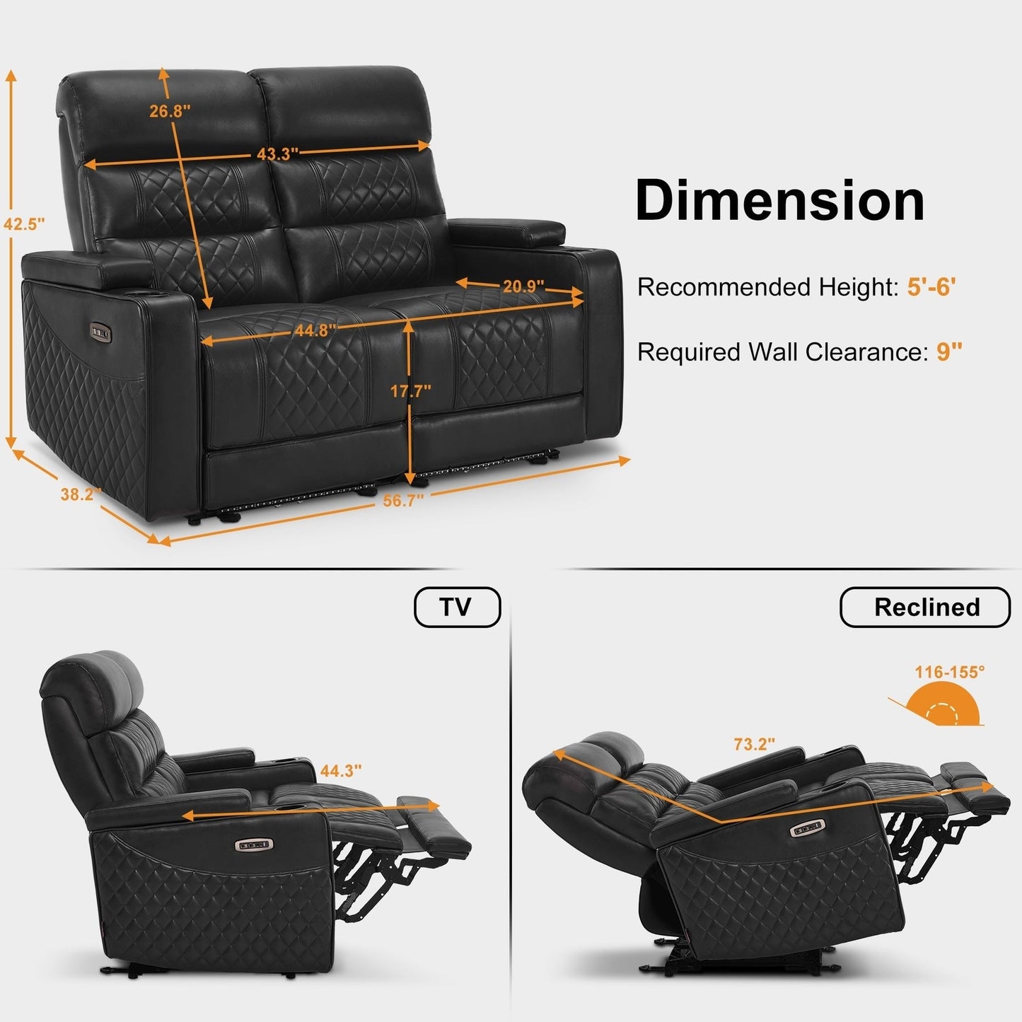 Divano a due posti reclinabile elettricamente MCombo con poggiatesta regolabili, seduta per home theater con braccioli portaoggetti, similpelle HTS470