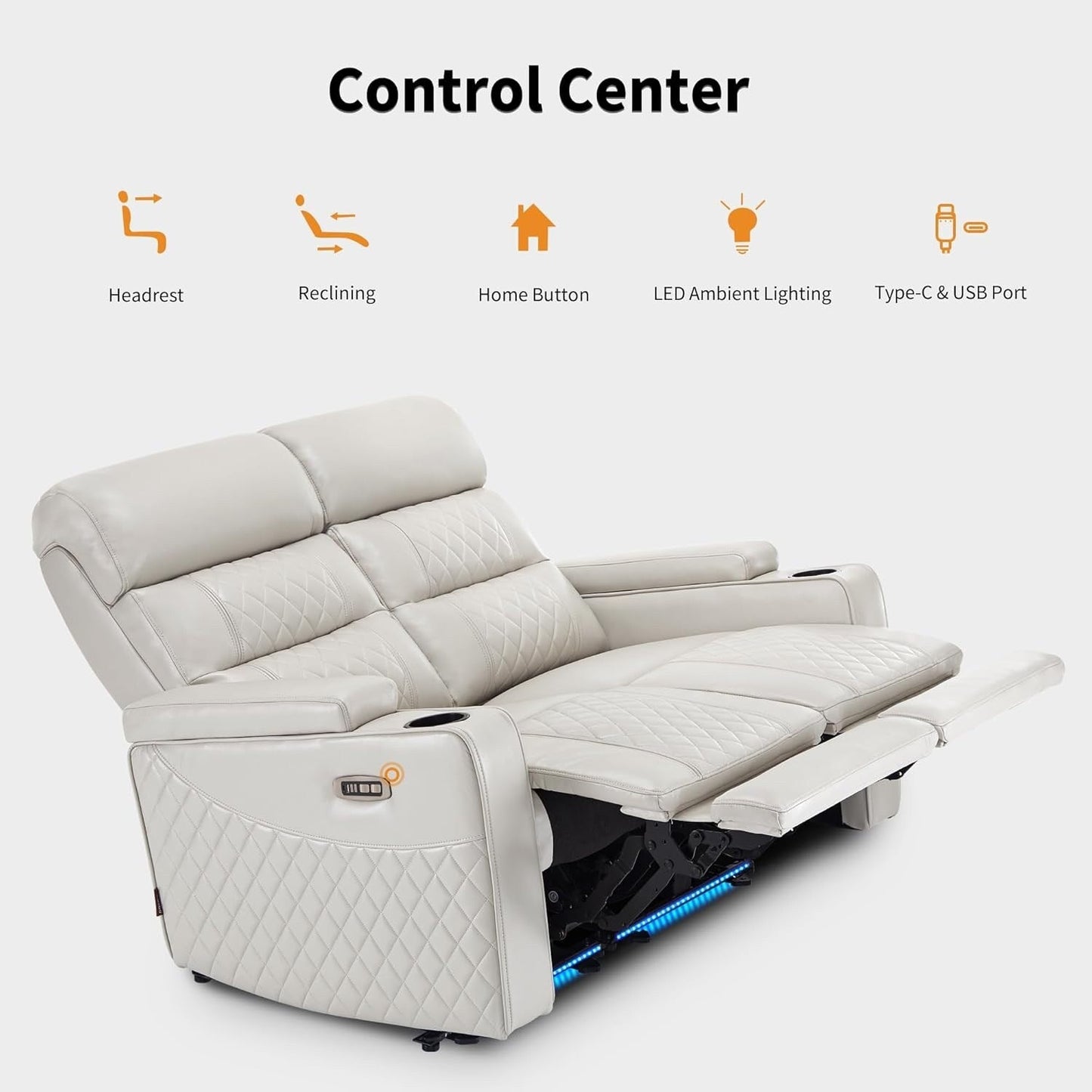 Divano a due posti reclinabile elettricamente MCombo con poggiatesta regolabili, seduta per home theater con braccioli portaoggetti, similpelle HTS470