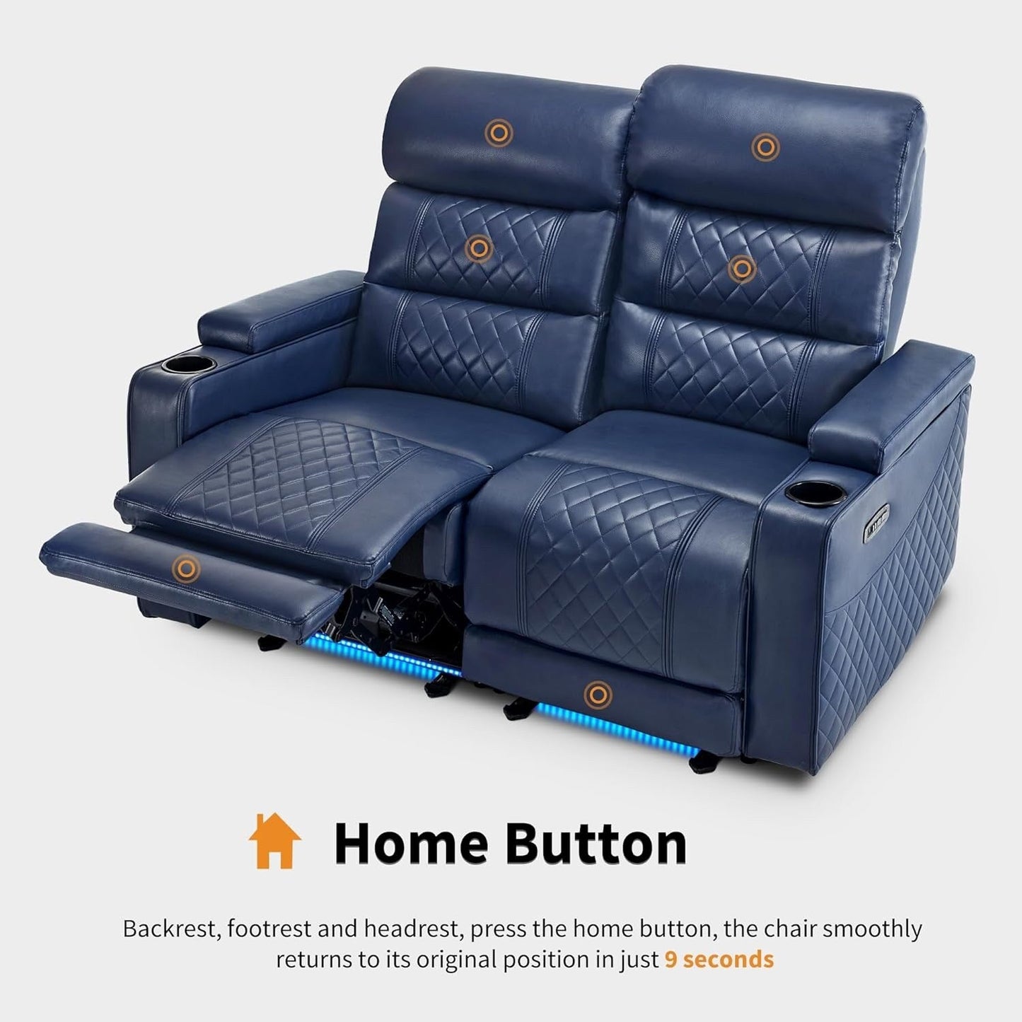 Divano a due posti reclinabile elettricamente MCombo con poggiatesta regolabili, seduta per home theater con braccioli portaoggetti, similpelle HTS470